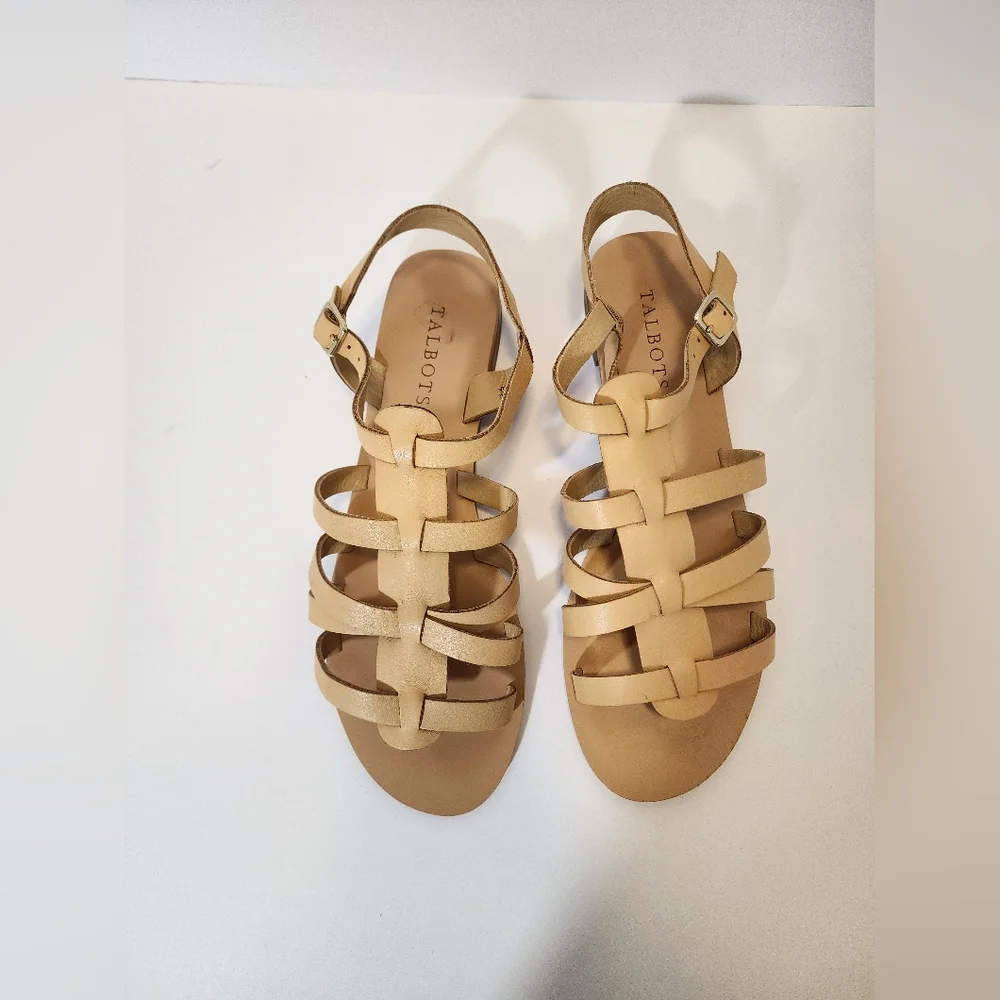 Talbots Leather Gladiator Sandals Tan Beige Strappy Flat Buckle Women 8M neutral